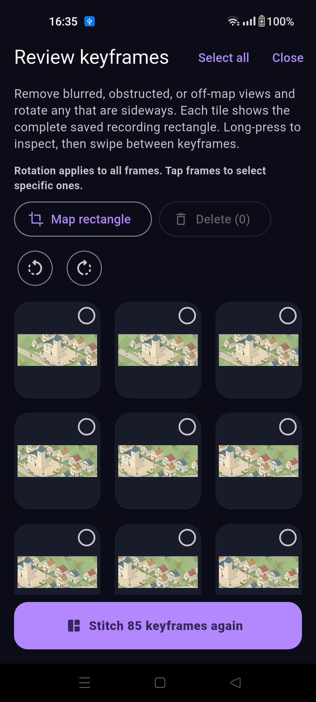 Android keyframe review with Map rectangle, rotation controls, and Stitch keyframes